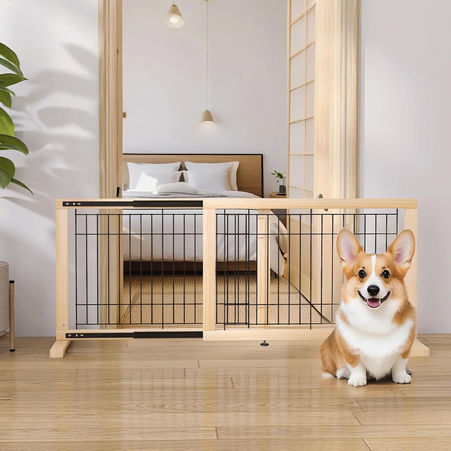 スライド式ペットゲート高さ50cm設置幅60-115cm木製犬用ゲート室内用中小型犬用飛び出し防止柵脱走防止ガード伸縮可能