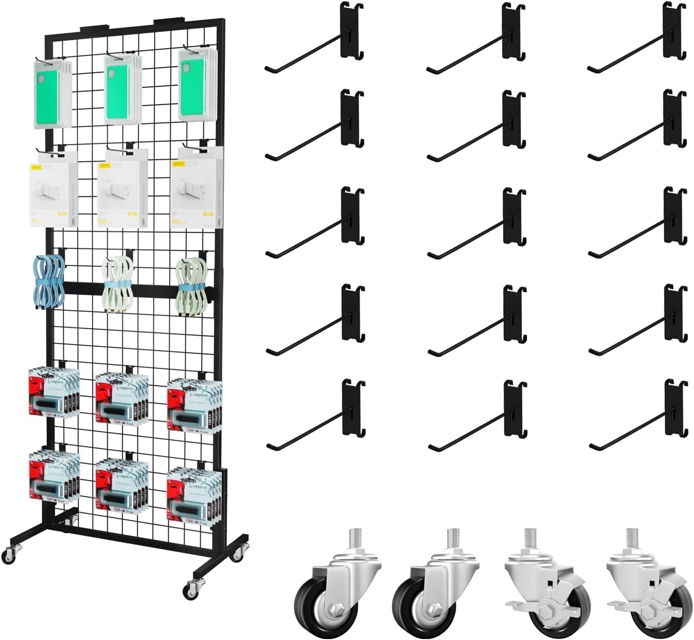 グリッドウォールパネルディスプレイスタンド小売用ラックショップディスプレイラックフック10個付き重い可動式取り外し可能なガードラックで持ち運びが簡単パーティー/両面ディスプレイスタンドショップ/オフィ