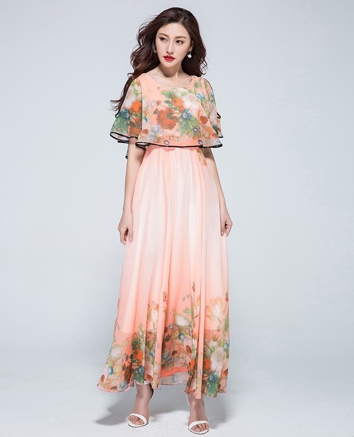 1947.シースルーフレアロングドレス（コーラル花柄カラフル）2019 春夏 sale 春夏 sale ワンピース 花柄 Uネック 五分袖 エレガント お呼ばれ パーティー 結婚式 披露宴 女子会