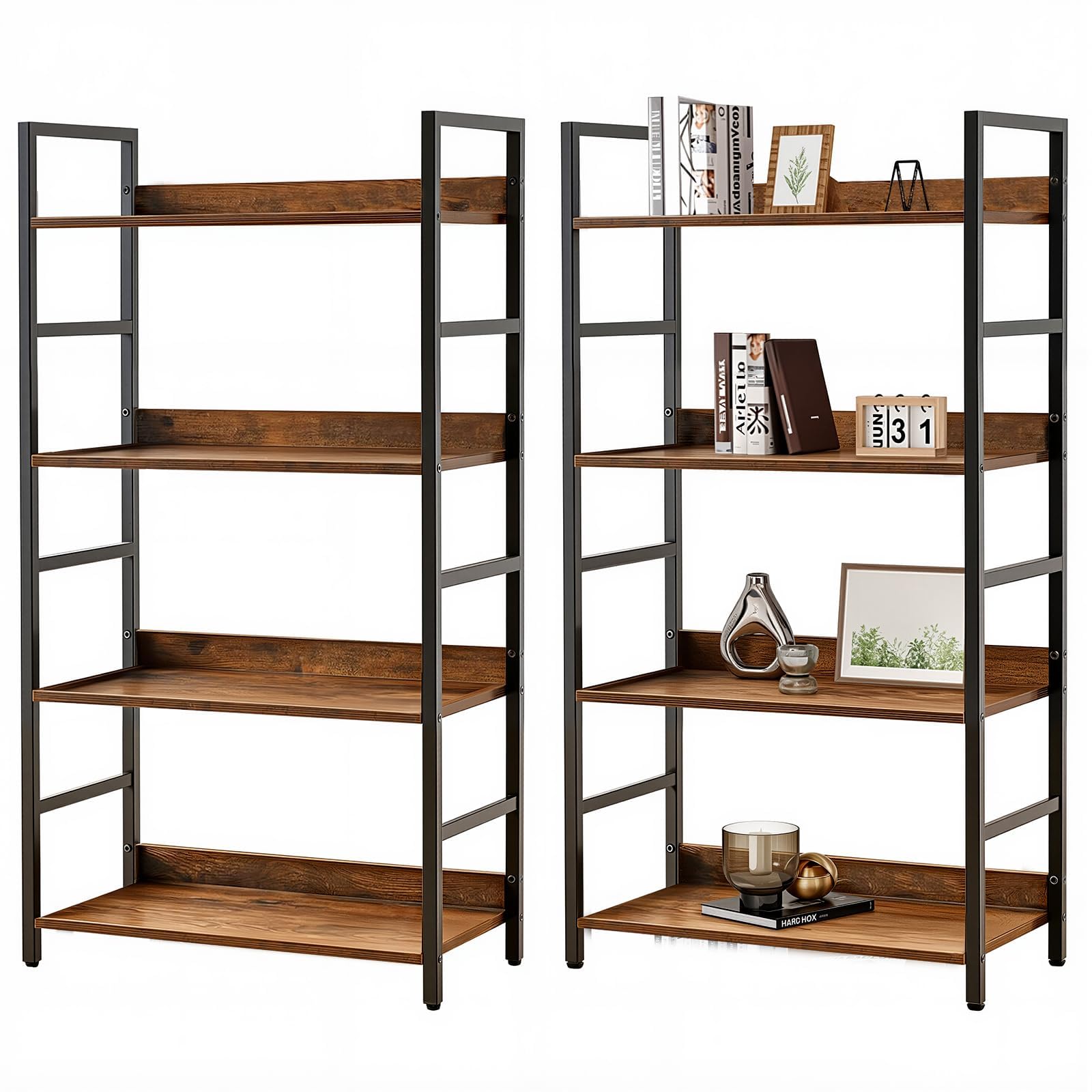 LeYoi オープンシェルフ ラック 棚 本棚 おしゃれ 収納ラック 木製ラック スチールラック 食器棚 レンジラック キッチンラック (レトロ, 4段)