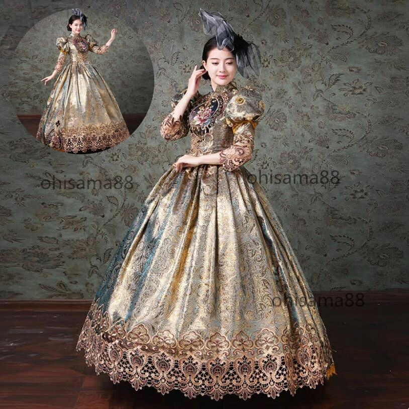 宮廷ドレス 中世貴族風 貴婦人ドレス パーティードレス 高級感 プリンセスドレス ヨーロッパ風ドレス 華やか 貴族ドレス オペラ声楽 演劇 ステージ衣装 お姫様ワンピース 可愛い 舞踏会 撮影 演奏会