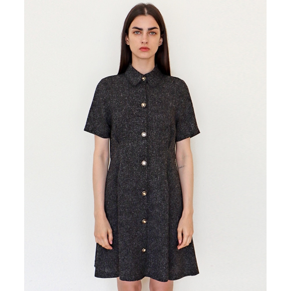 DAMAGE MNEMONICファンシーツイードメランジブラックシャツワンピース_ Fancy Tweed Melange BK OP