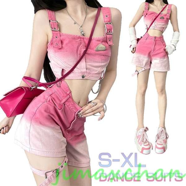 新生活 ダンス衣装 セットアップ 大人 レディース ピンク デニム ショートパンツ タンクトップ ホワイト へそ出し 可愛い 韓国 K-popダンス ヒップホップ