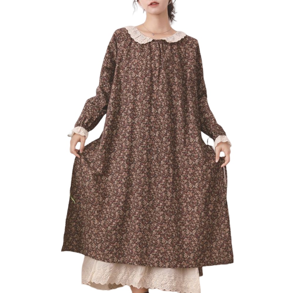 ワンピース レディース ロング 長袖 花柄 綿麻 レイヤード風 マキシ丈 大きいサイズ ワンピ ゆったり 春夏 大人 かわいい