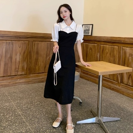 ワンピース ミモレ ミモレ丈 袖あり 半袖 ボリューム袖 襟付き Aライン 快適 着心地 かわいい 大人可愛い きれいめ 大人 上品 おしゃれ お洒落 レトロ こなれ感 ラブリー キュート ガーリー