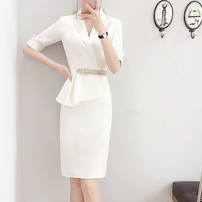 ワンピース 膝丈 ひざ丈 膝上 膝下 袖あり 5分袖 五分袖 7分袖 七分袖 襟付き スリム タイト 細身 ウエストマーク 透け感 シースルー 大人可愛い きれいめ 大人 上品 おしゃれ お洒落