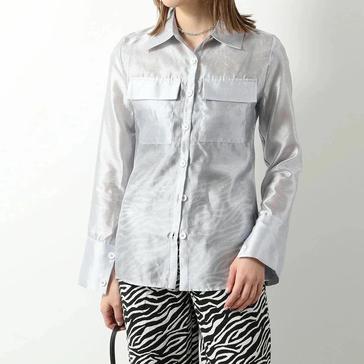 GHOSPELL ゴスペル シャツ Regan Sheer Shirt レディース シアー ブラウス 長袖 胸ポケット Silver 【mega】