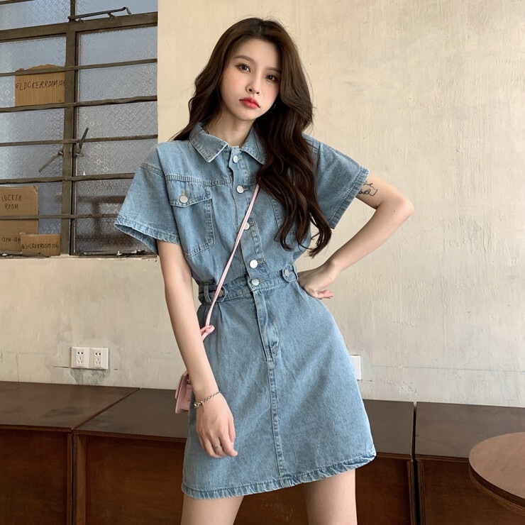 ワンピース レディース スカート デニムスカート 膝上 ショート丈 半袖 襟付き Aライン スリム 細身 ハイウエスト デニム ブルーデニム カラーデニム かわいい 大人可愛い きれいめ シンプル