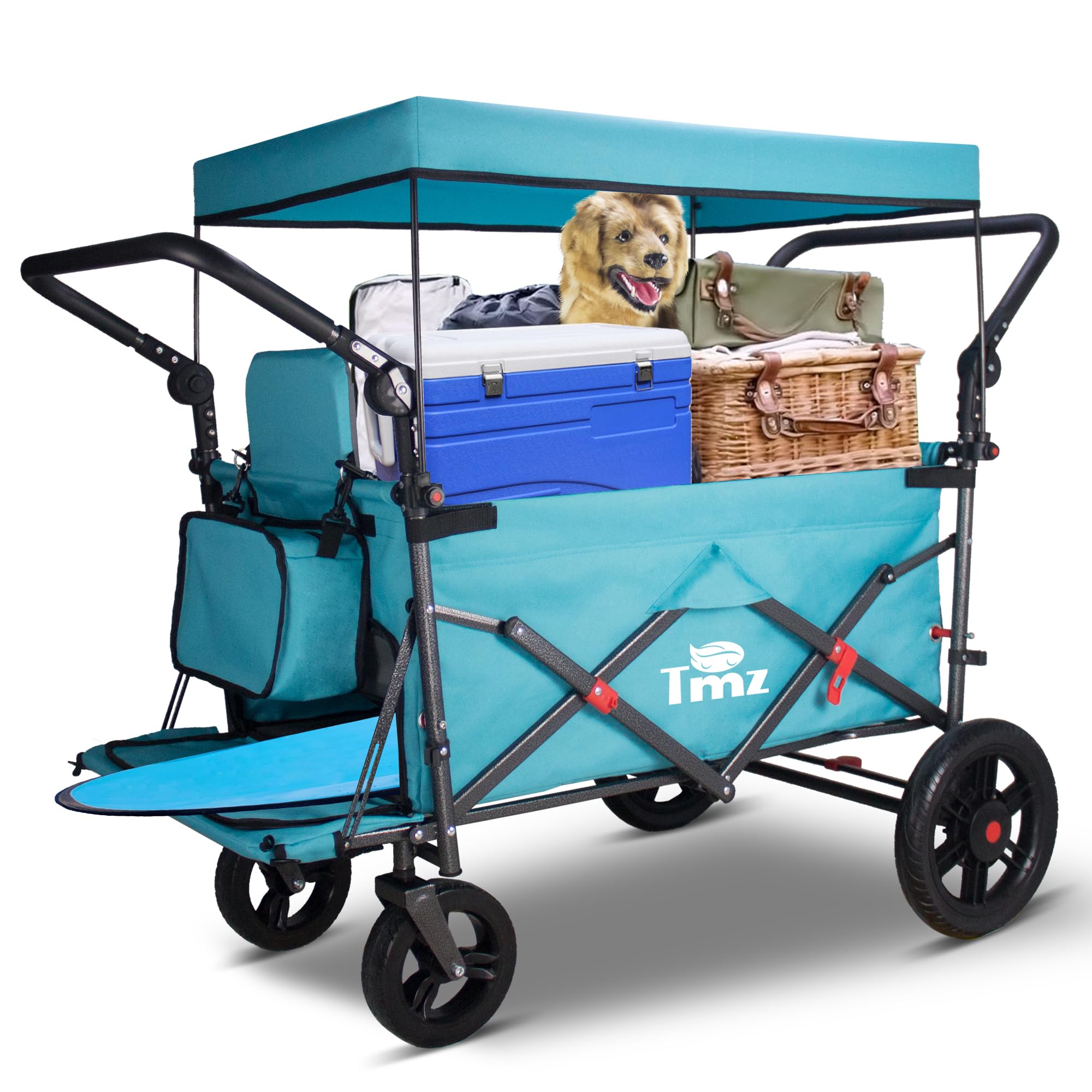 TMZ キャリーカート アウトドアワゴン折りたたみ式シートとシートベルト付き多機能カート荷室開閉と拡張可能前後ダブルプッシュハンドル耐荷重約120kgストッパー付き (ターコイズ/グレー)