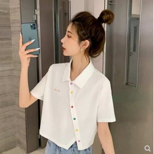 個性的 トップス シャツ ブラウス 白シャツ 白トップス ショート丈 袖あり 半袖 5分袖 五分袖 襟付き ワイド アシンメトリー 前開き 薄手 カジュアル 上品 おしゃれ お洒落 かっこいい