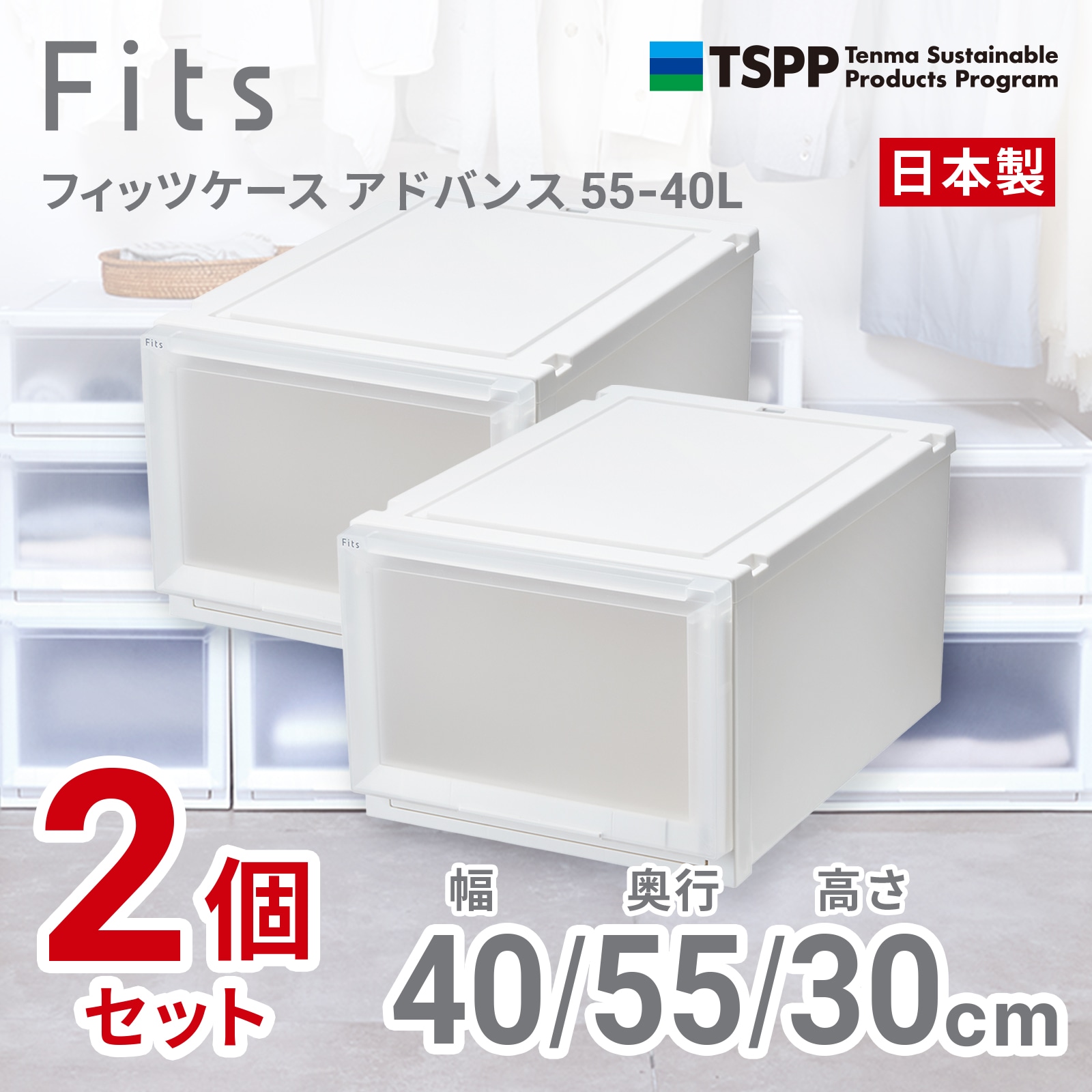 天馬 AD55-40L-2 【2個組】フィッツケース アドバンスクローゼット収納 幅40×奥行55×高さ30cm（ホワイトクリア） AD5540L2