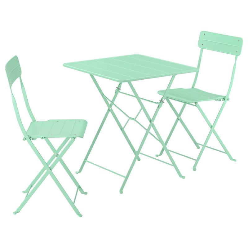 SUNDSO スンドソー テーブル＆折りたたみチェア2脚 - 屋外用 ライトグリーン/ライトグリーン 65x65 cm