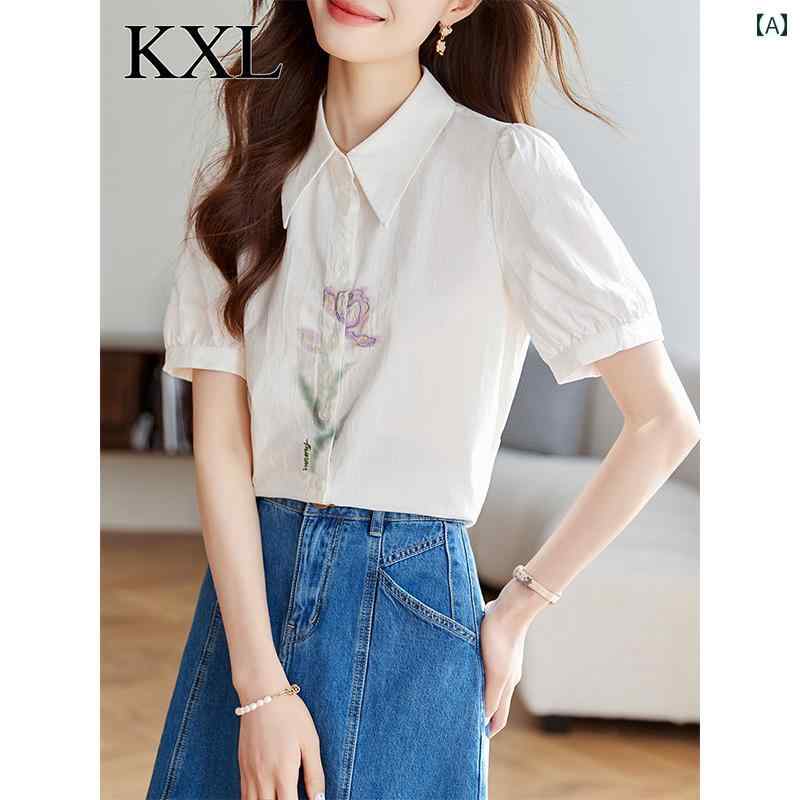 トップス レディース おしゃれ 上品 通勤 オフィス カジュアル 刺繍 白 コットンシャツ 夏 服 美しい シャツ 5,307円