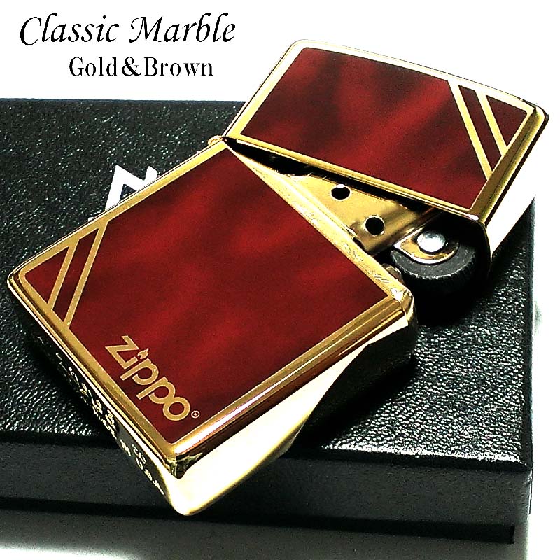 ZIPPO クラシック マーブル ゴールド&ブラウン ジッポ ライター 金タンク 金 茶 ダイアゴナルライン かっこいい おしゃれ メンズ ギフト プレゼント