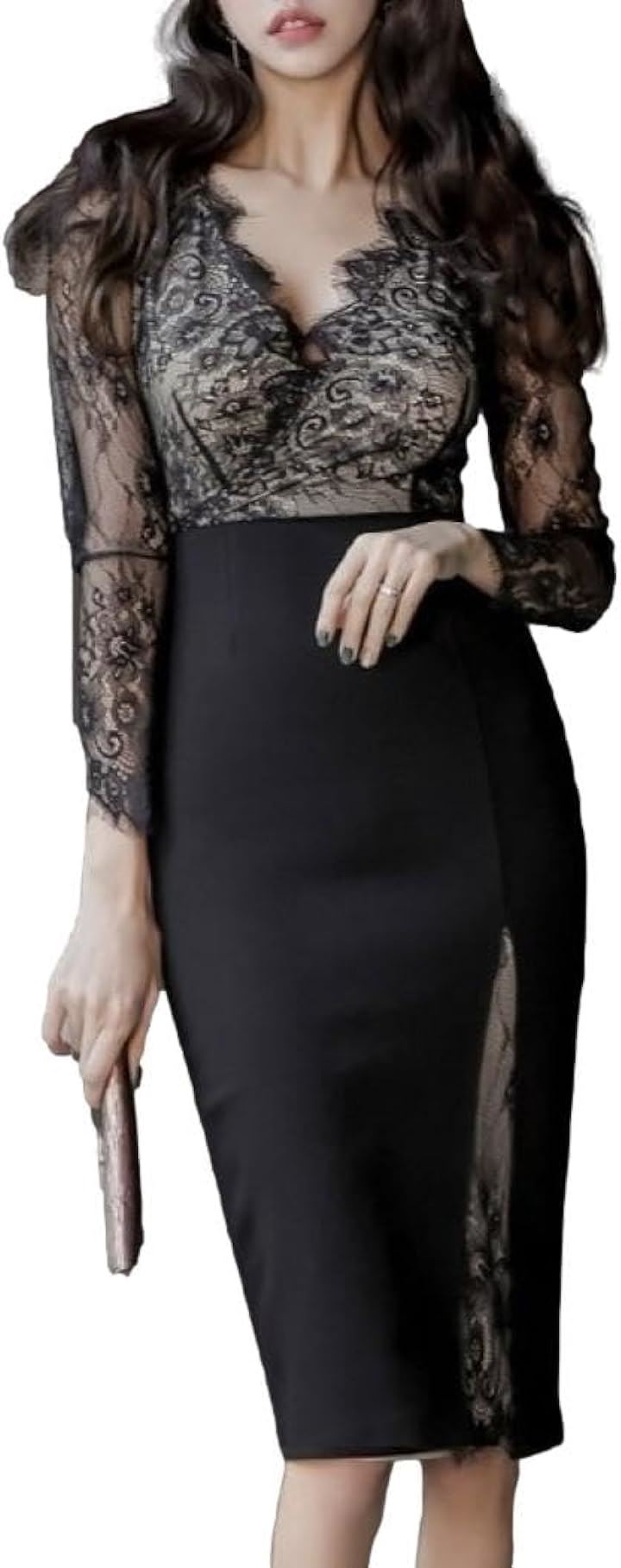 キャバドレス ミディアムワンピース クラブドレス タイト レース ノースリーブ クルーネック ウエストマーク レディース EB1( ブラック, L)