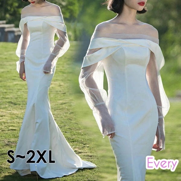 花嫁 ウェディングドレス 締め上げタイプ 長袖 肩出し マーメイドライン 白ドレス ワンピース 花嫁 結婚式 二次会 披露宴 前撮り 後撮り 撮影用 ビーチフォト フォトウェディング 小さいサイズ ド