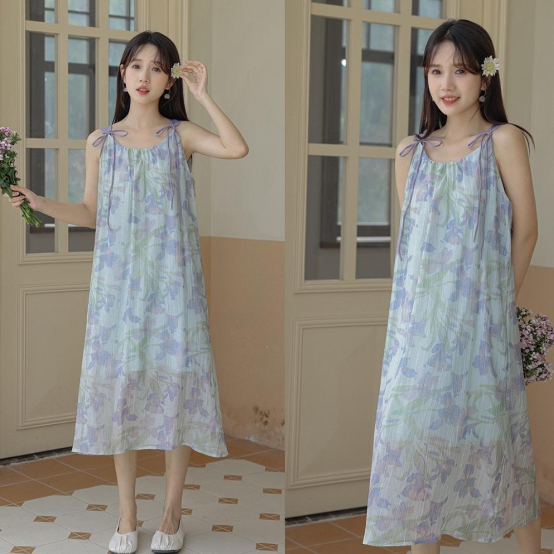 キャミワンピス 花柄 ロング ゆったり 体型カバー 小柄女性 夏コード 旅コーデ 旅服装 夏 ホリデーコーデ シンプ カジュアル ホワイト Vネック 韓国 4,969円