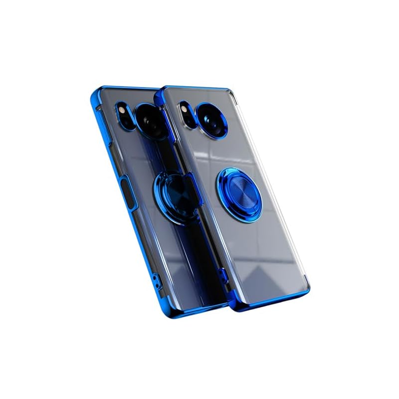 AQUOS Sense 8 用 ケース SH-54D SHG11 カバー 透明TPU 耐衝撃 青メッキ加工 リング ストラップホール付き スタンド機能 車載ホルダー対応 滑り止め 落下防止 シャープ