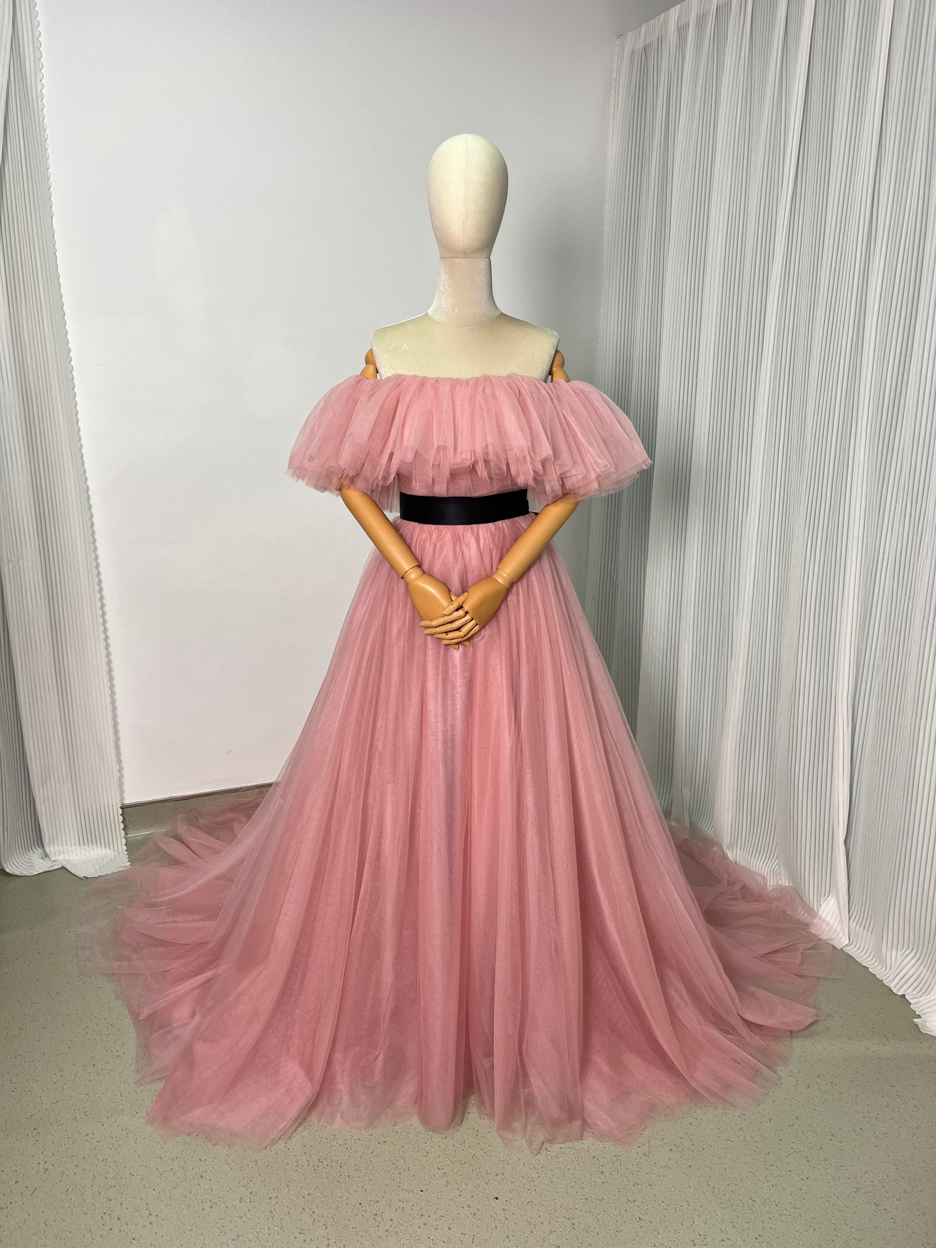 カラードレス ピンク オフショルダー サッシュベルト ソフトチュール Aライン 前撮り 花嫁