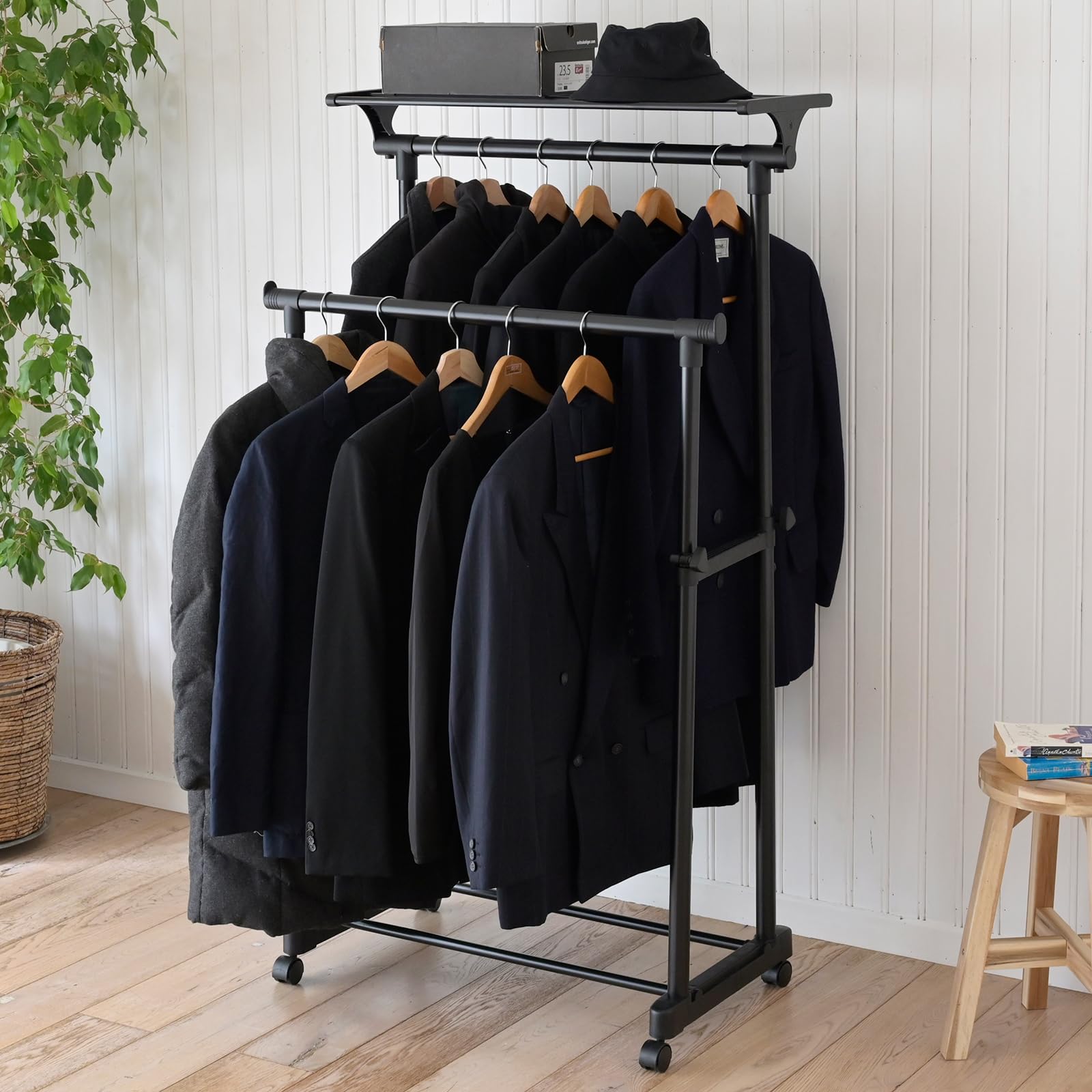 山善(YAMAZEN) ハンガーラック キャスター付き 幅75×奥行51×高さ95.5-158.5cm (上棚付き/高さ調節可能/ダブル) 組立品 オールブラック MKS-WNT(ABK)