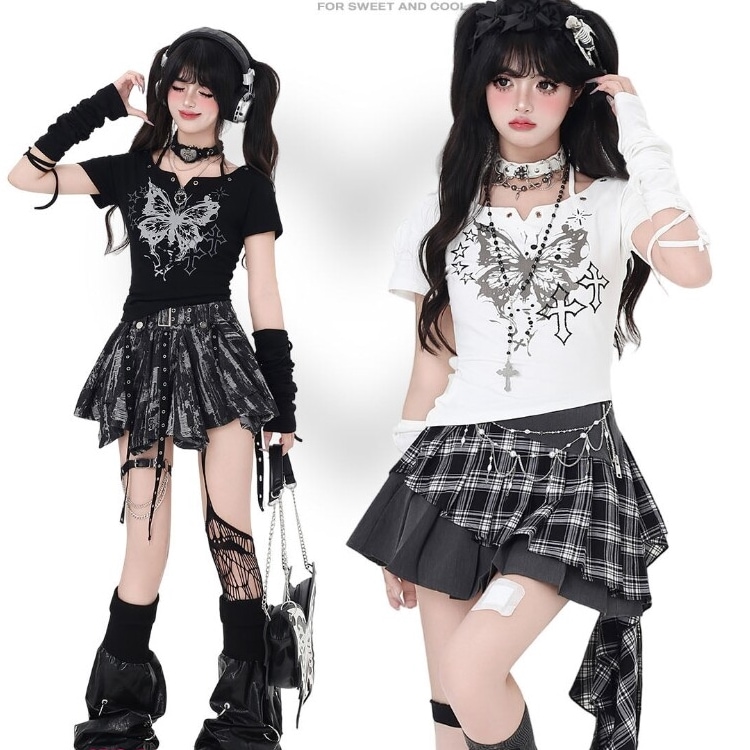 バタフライプリント アームスリーブ付き Tシャツ ドローストリング Vネック ハイストレッチ アメカジ 韓国っぽ ガーリー レディース 骨格ウェーブ 骨格ストレート 夏