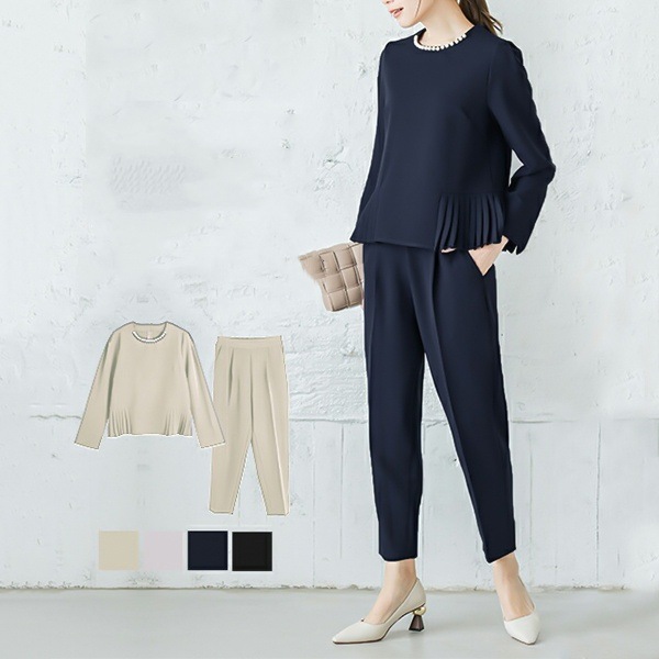 【人気上昇中】 キレカジパールネックサイドプリーツ長袖トップス+ハイウエストパンツセット