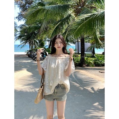 マルバンテンセルレース刺繍半袖シャツレディースルーズオフショルダーシフォンシャツショルダーシャツデリケートシャツ