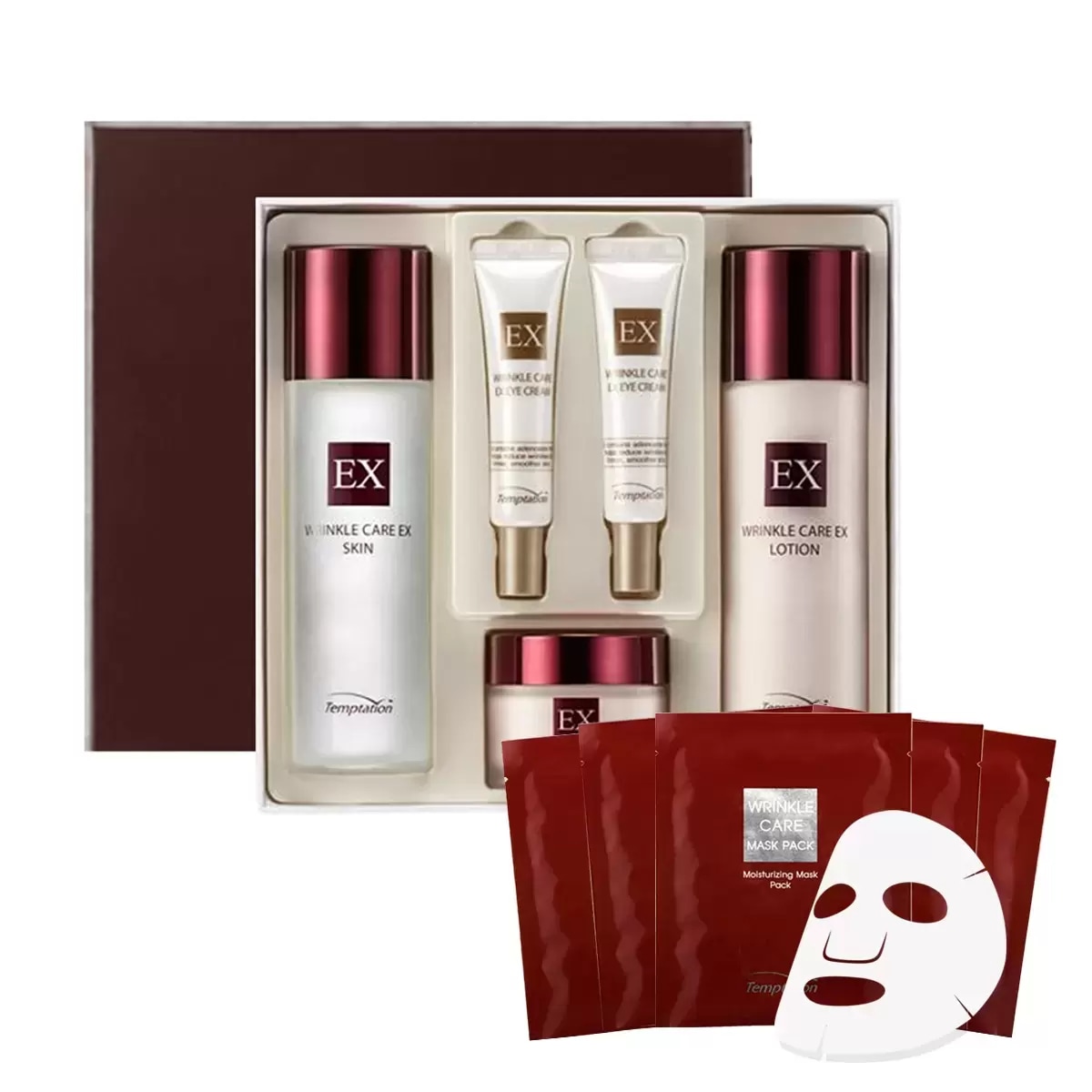 テムテーション リンクルケア EX ギフトセット スキン130ml + ローション130ml + アイクリーム15ml X 2個 + クリーム50ml + マスクパック 20g X 5個, 韓国化粧品