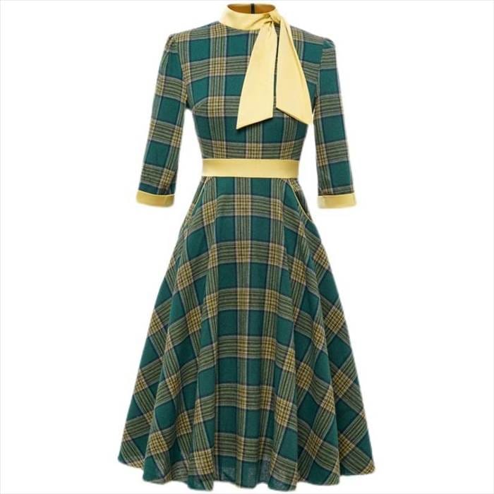 新作 ワンピースドレスワンピース ワンピドレス チェック柄 グリーン 緑 フレアースカート 七分袖 外国風