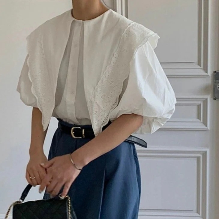 【2025新作 急速出荷】半袖 シャツ ブラウス レディース 春 夏 トップス シャツブラウス ビッグカラー カラーシャツ ランタンスリーブ 無地 シンプル きれいめ お洒落 カジュアル ルーズ ゆっ