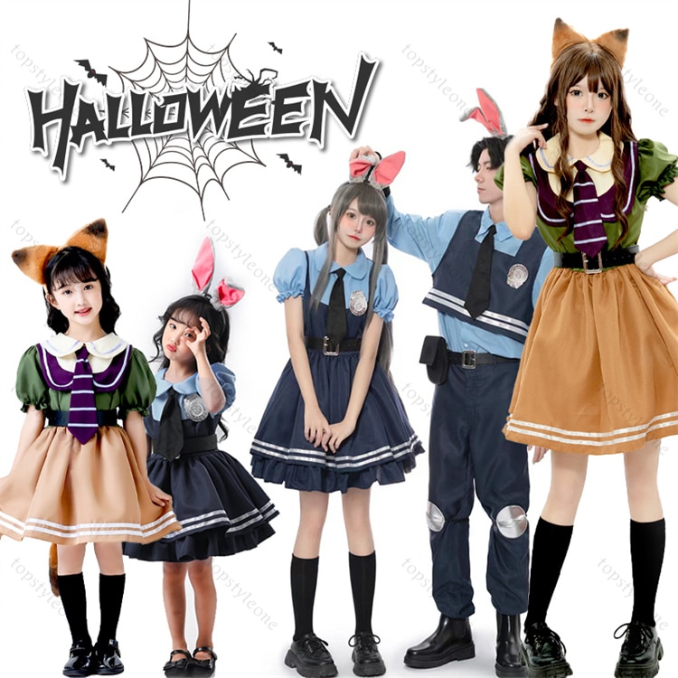 ハロウィン コスプレ ウサギ警察 キツネ詐欺師 コスプレ衣装 かわいい ポリス コスプレ ロリータ ワンピース レディース 5点セット ネクタイ うさ耳 キツネ 耳 しっぽ カチューシャ 大人用 警察
