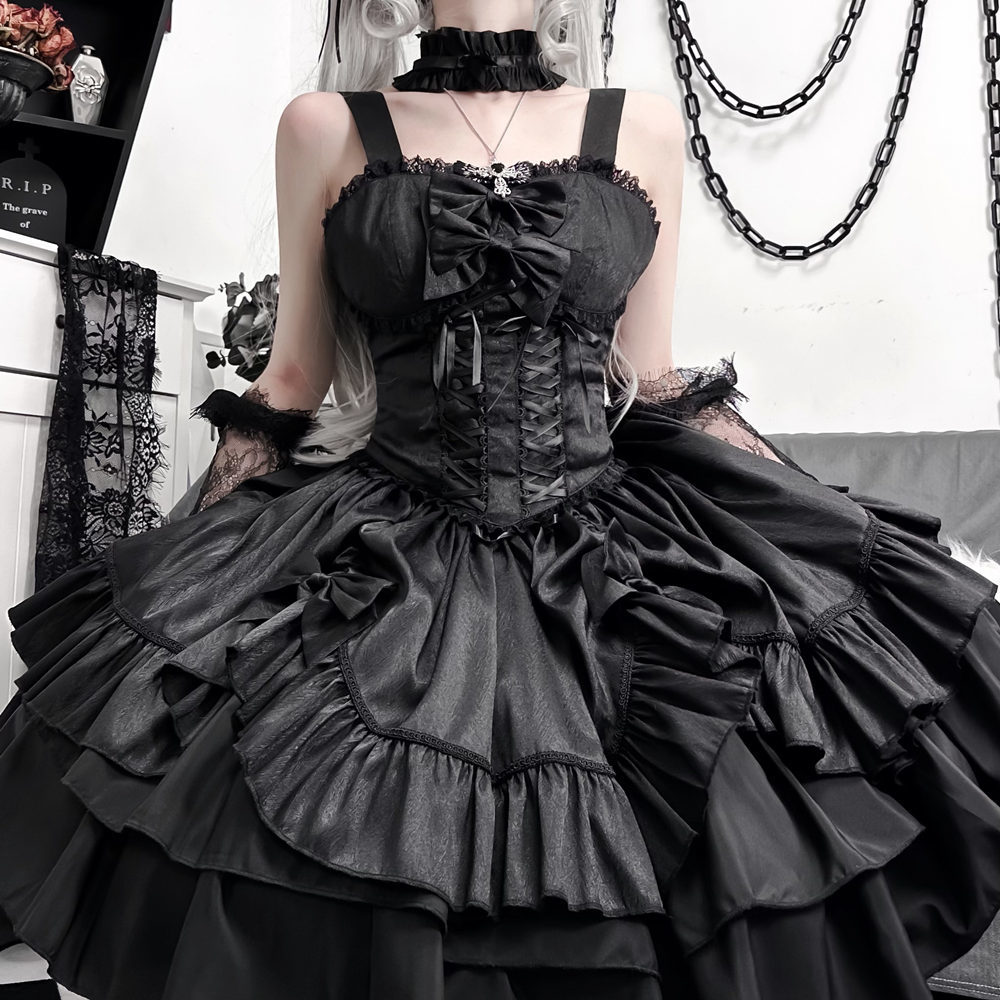 ロリータドレスハロウインバタフライオフィサーロリータゴシックガールダークローダークスタイルロリハイウエストドレス