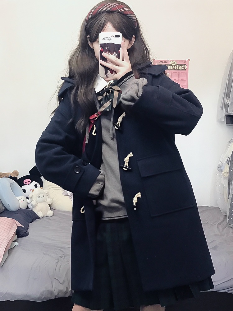 【即納】JK 制服 学園風 ホーンボタン ニットコート レディース ミッドレングス 中サイズ向け 綿入り 加厚 冬用