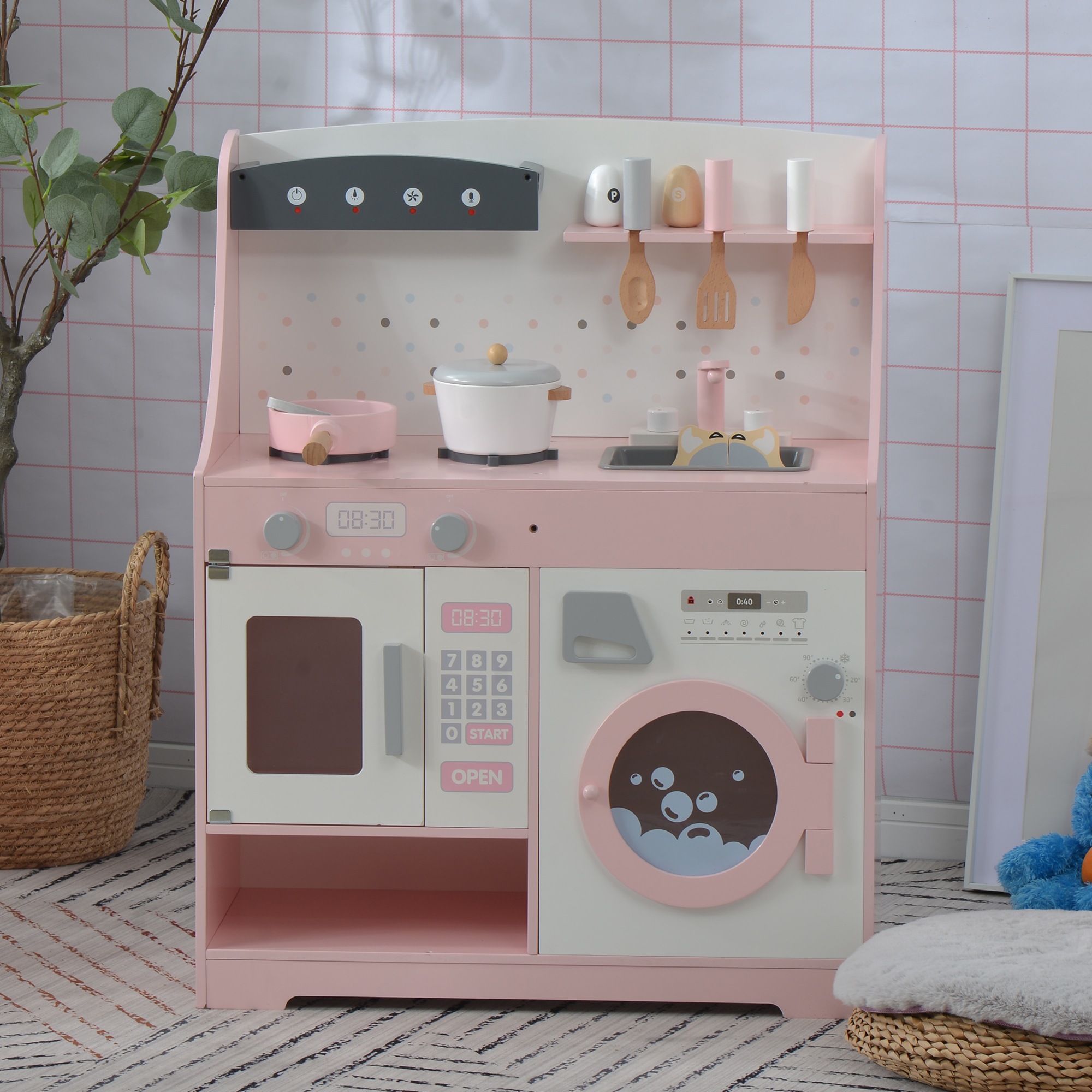 おままごと キッチン 木製 誕生日 台所 洗濯機 調理器具付き 調味料 食材 知育玩具 おもちゃキッチン キッズ ベビー 食品衛生法規格試験に合格 誕生日 台所 調理器具付き 13,306円