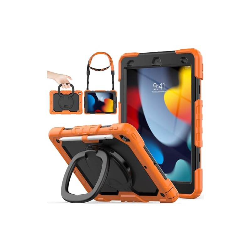 SEYMAC stock iPadケース 第9/8/7世代 リングハンドル耐衝撃ケース 10.2インチ専用 ペン収納 ショルダーストラップ フィルム付きフレーム（オレンジ+ブラック）（適格請求書発行事