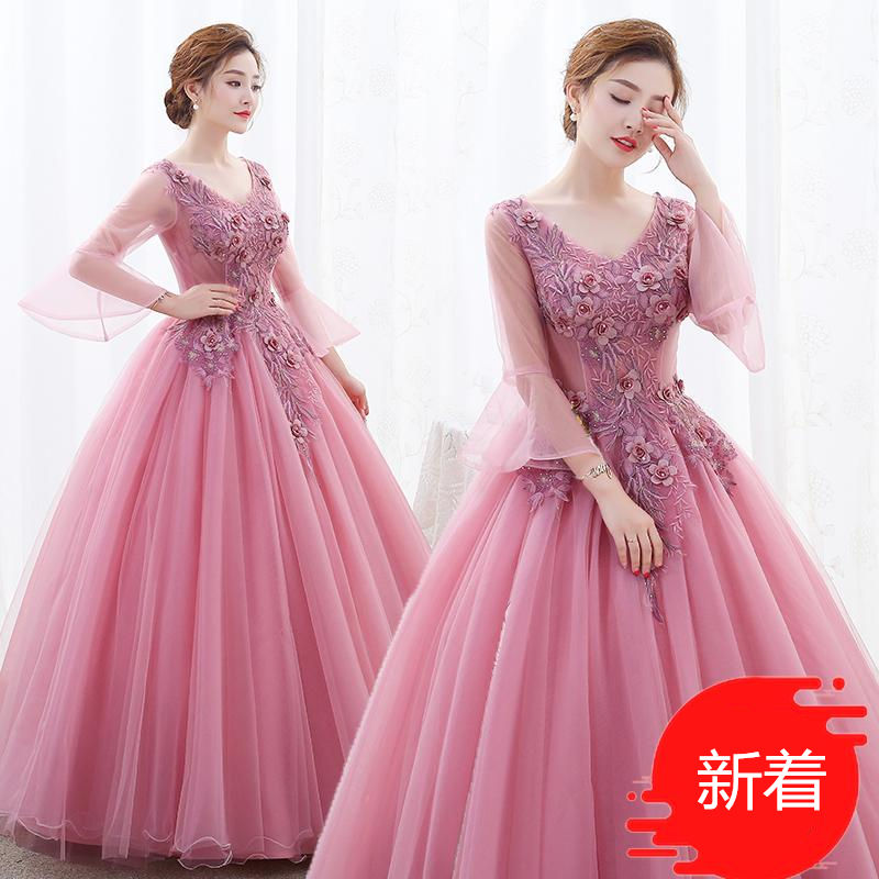 あずき色/レッド/イエロー　カラードレス　フォーマルドレス　レース　花柄　ロングドレス　マキシ丈　パーティードレス ワンピース カラードレス　二次会 演奏会 披露宴 結婚式 発表会　忘年会　演出舞台