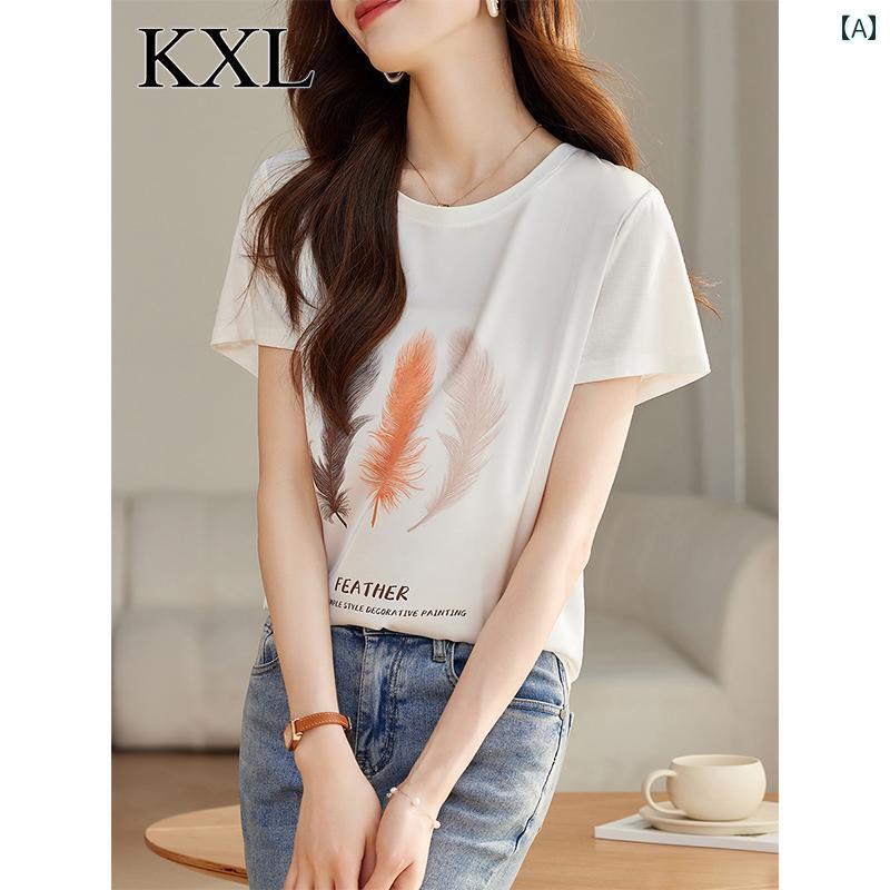 トップス レディース おしゃれ 上品 通勤 オフィス カジュアル 夏 白 プリント ラウンドネック 右 肩 半袖 Tシャツ カジュアル シャツ