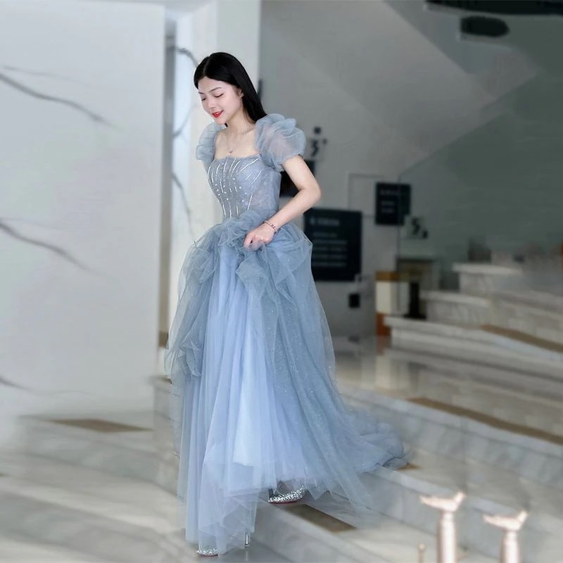 ブルー イブニングドレス 女性 大人 誕生日 プリンセス ウェディングドレス 感 アートテスト