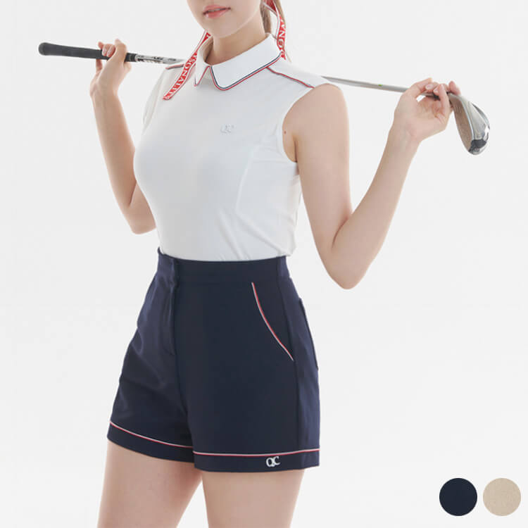 ゴルフウェア レディース 韓国 ショートパンツ ハイウエスト シンプル ライン 無地 上品 ポケット おしゃれ ゴルフ ゴルフウエア ウエア 秋 春