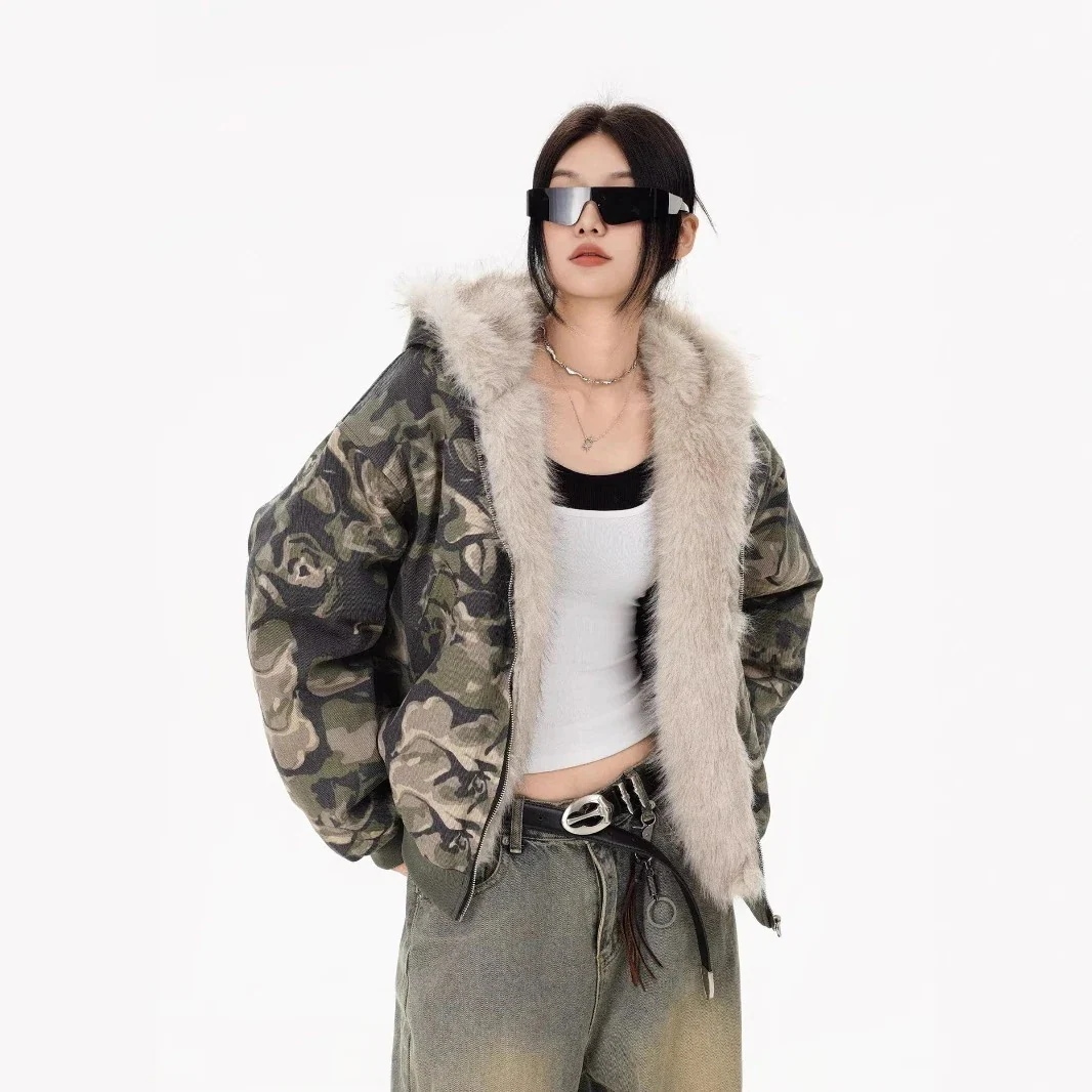 冬 ダウン T 男女兼用 皮毛一体 フード キルティング ル キルティングダウン カップル AWアウタ一 ダウン 冬【ハイクオリティ】 オーバーフィット ファー カモ