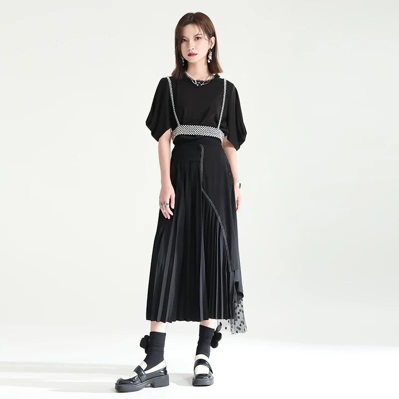 上下セット フリル袖シャツ＋プリーツスカート 【飾りベルトは店で別販】 レースアップ  セットアップ レトロ レディース セットアップ30%までに制限