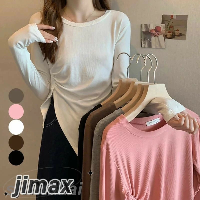 tシャツ レディースイレギュラースリット 長袖 Tシャツ レディース デザイン トップス シャツ ゆったり tシャツ コットン 綿混 シンプル おしゃれ 着痩せ 通勤 30代 40代 50代 60