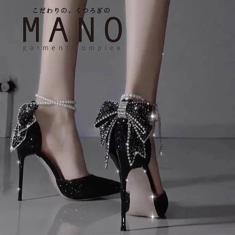 メガ割 MAN上品ブラックスワン ハイヒール ダイヤモンド飾り ピンヒール 黒鳥 蝶結び キラキラ 綺麗 上品 本革 レディース ヒールパンプス