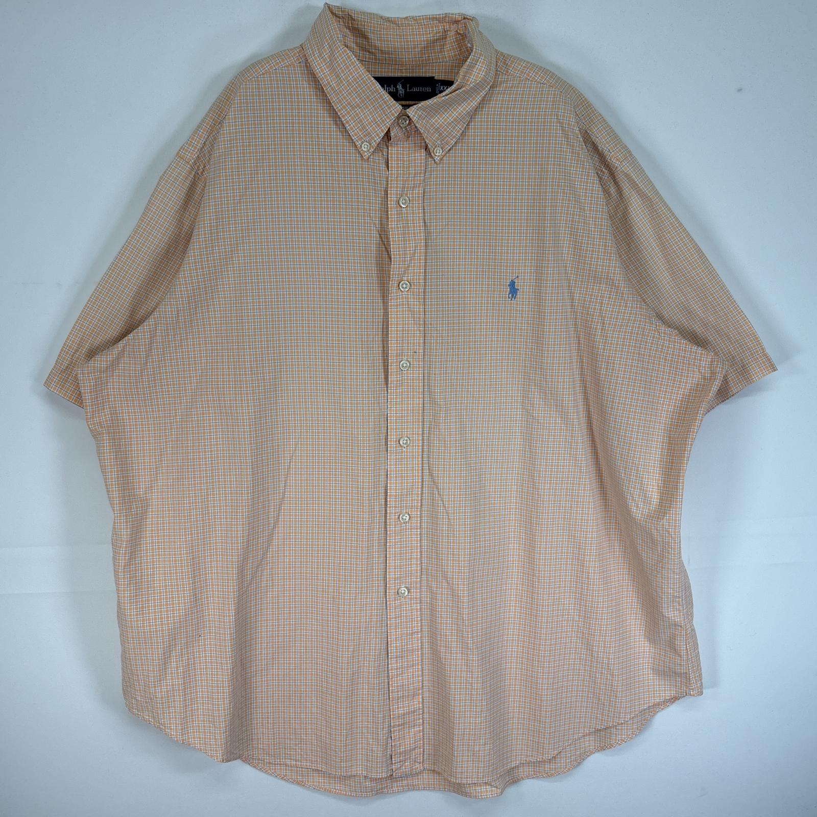 古着 半袖シャツ チェック 薄手 ボタンダウン ロゴ 刺繍 XXL オレンジ マルチカラー メンズ
