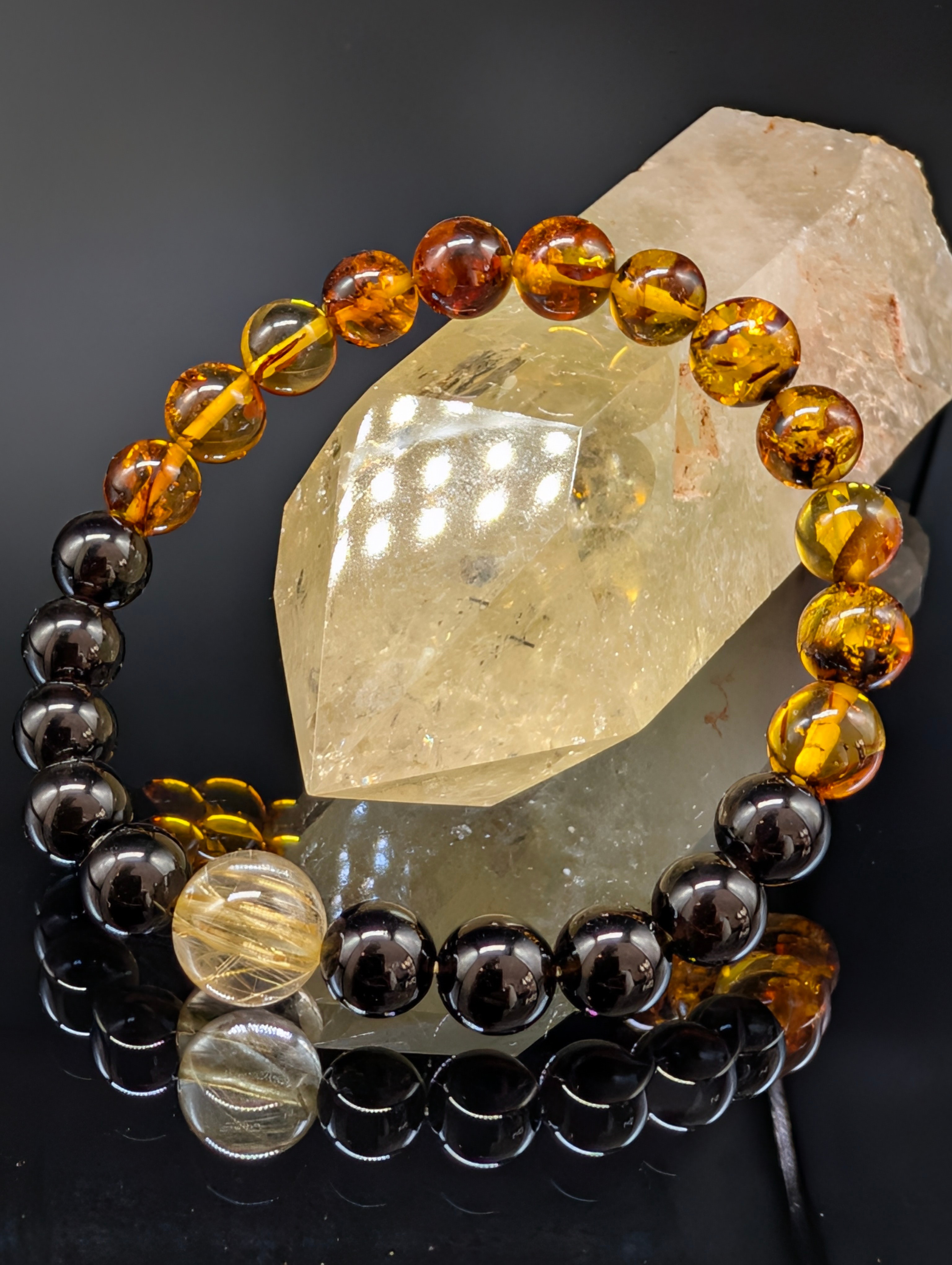 金運・健康・最強守護 ゴールドルチルクォーツ アンバー モリオン 8mm 親玉10mm ブレスレット