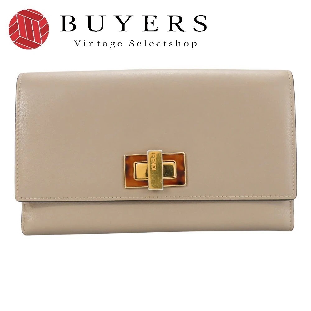 中古 二つ折り財布 8M0308 ピーカブー レザー ベージュ グレージュ ゴールド金具 長財布 レディース 女性