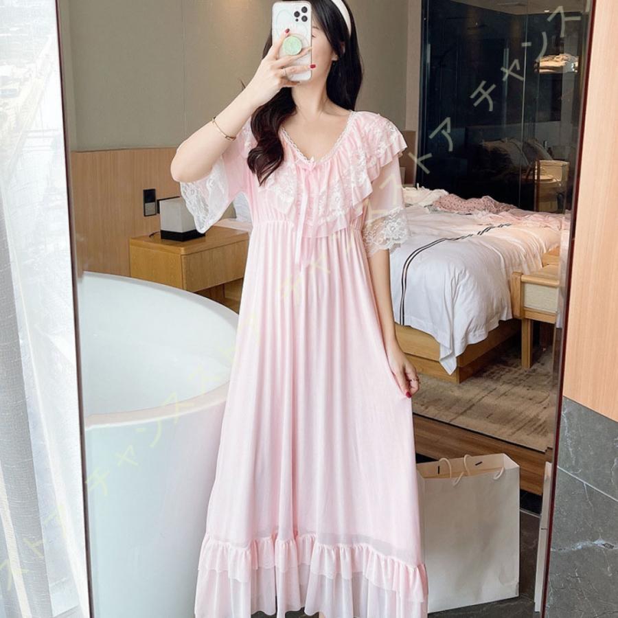 スルー ネグリジェ 部屋着 姫系 半袖 無地 ウェア レース ャマ フ 早いもの胜ち 新作登場 リボン 寝巻き ナイトウェア レディース 5,386円