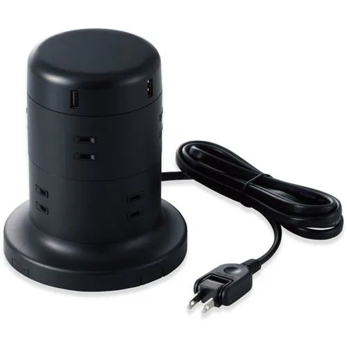 エレコム TT-U01-0820BK タワー型タップ 8個口 雷サージ付 ホコリ防止シャッター付 固定可能 5ポート合計出力4.8A 2.0m ブラック