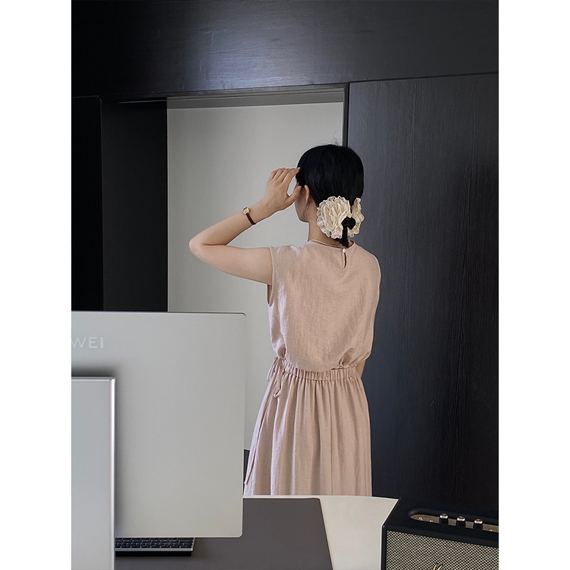 江左リネンスーツクールな無地ドローストリングノースリーブトップス+ハイウエストスリットスカート 6013