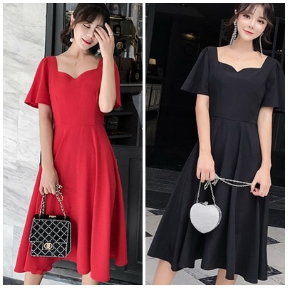 2色ハートシェイプ風 ネックライン フレアワンピース 無地 ミディアム 半袖 パーティー お呼ばれ